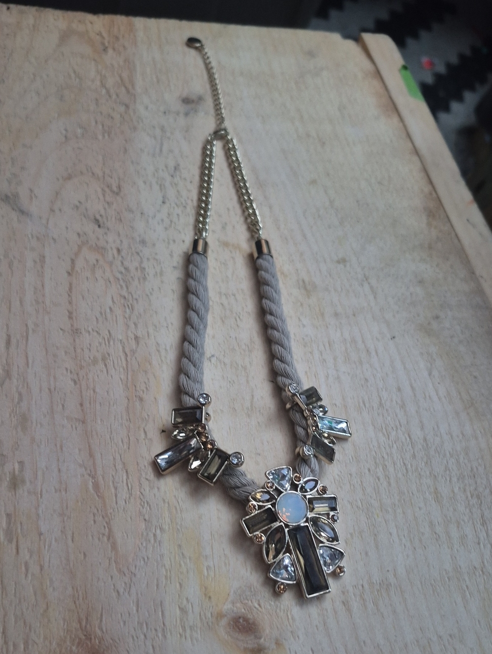 RW&CO. Gold-Tone Crystal Pendant Necklace with Beige Rope